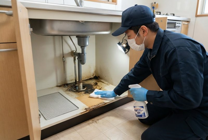 作業員がシンク下の配管まわりにある、ネズミが通った跡の黒ずみを拭き取っている様子（イメージ）